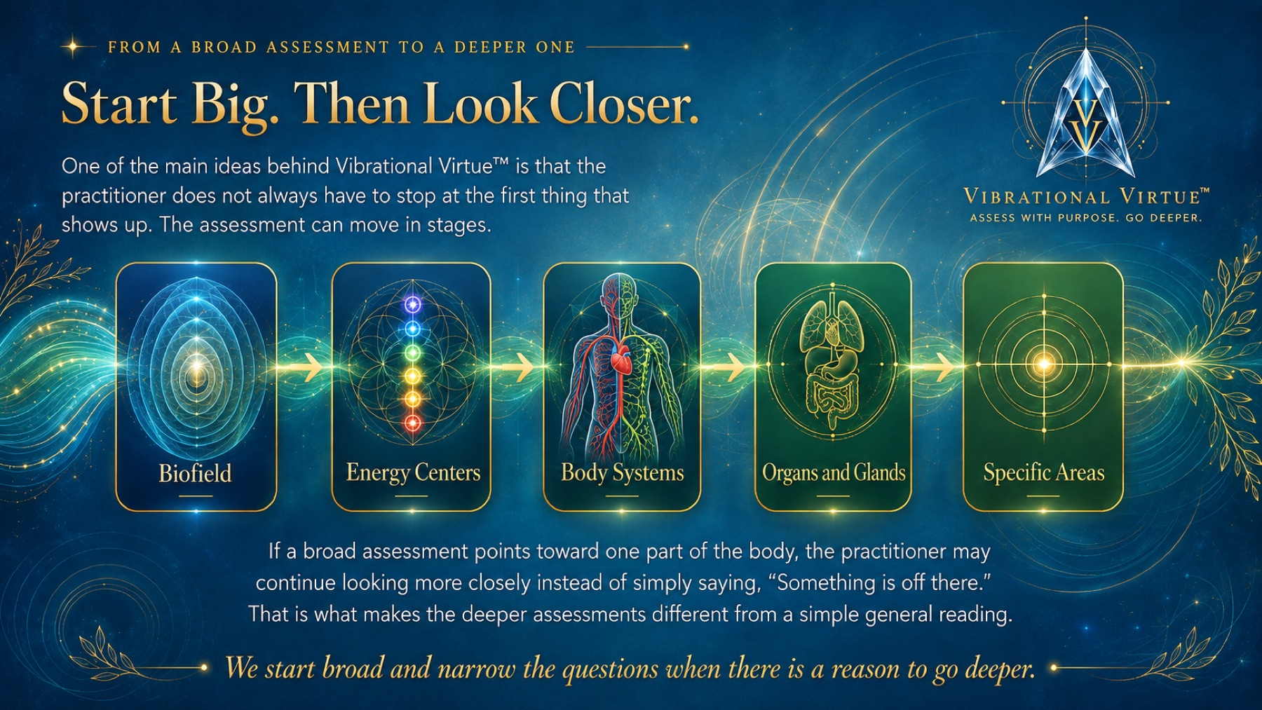From a Broad Assessment to a Deeper One — Start Big, Then Look Closer: a five-stage flow moving from Biofield to Energy Centers to Body Systems to Organs and Glands to Specific Areas. We start broad and narrow the questions when there is a reason to go deeper.