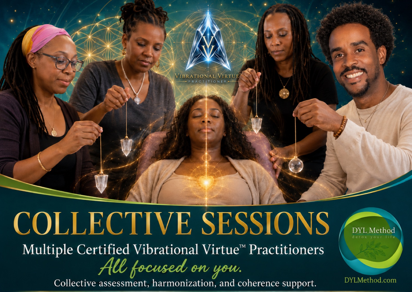 Collective Sessions — multiple certified Vibrational Virtue practitioners, all focused on one client.